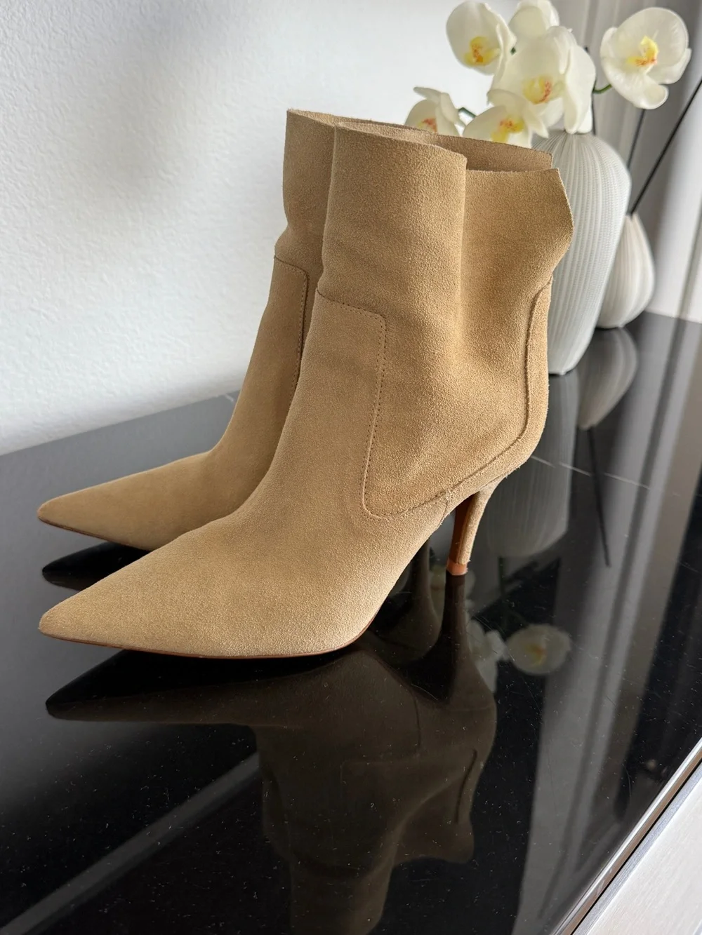 Zara Beige Suede Pointed-Toe Ankle Booties